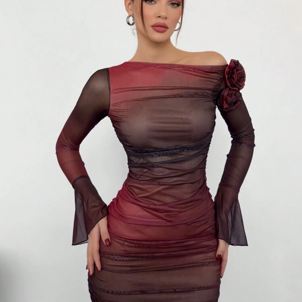 Mesh Off-Shoulder Red Dress - Picture 2 of 2